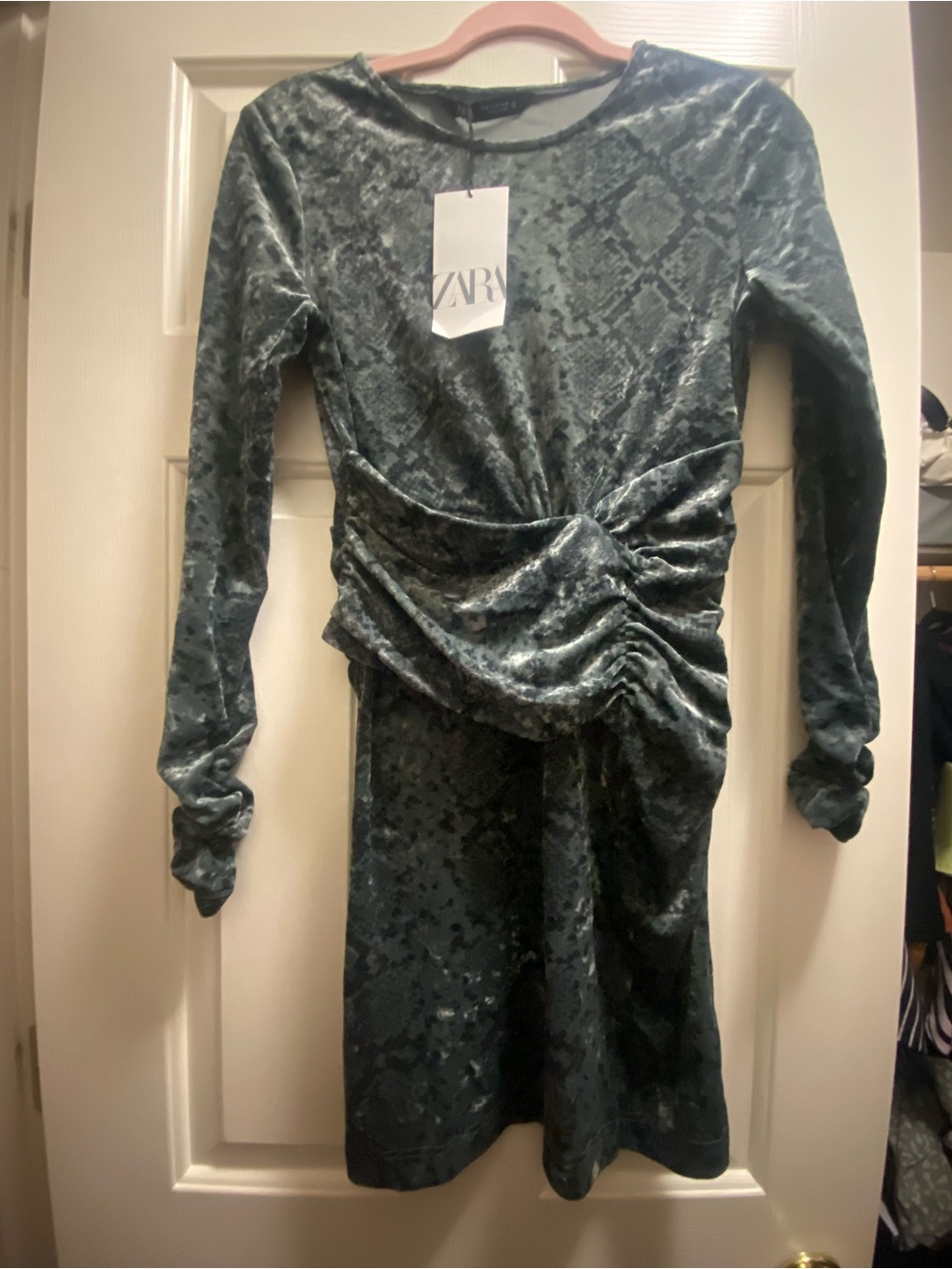 ZARA Dark Green Velvet Ruched Snake-Texture Dress